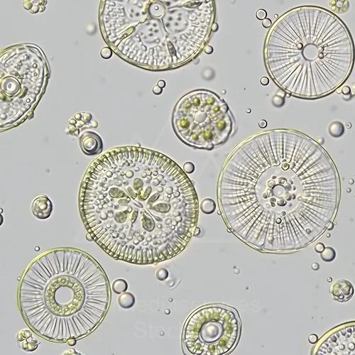 Microalgae diatoms under a microscope with circular, ornate silica frustules — 8K royalty-free microscopic stock photo