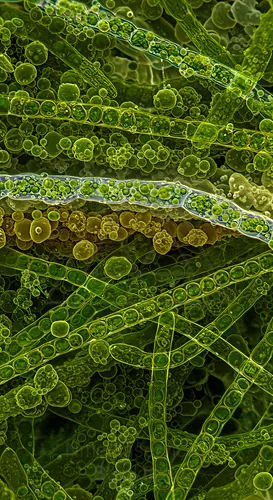 Close-up of a dense green algae bloom with filamentous strands and numerous spherical algal cells — 8K royalty-free microscopic stock photo