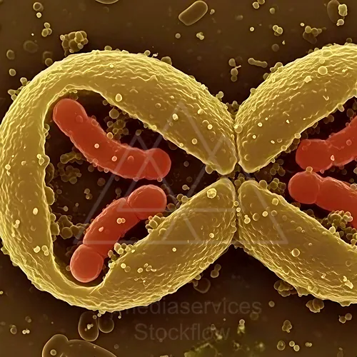 Bacillus bacteria (rod-shaped) in a golden-toned micrograph — 8K royalty-free microscopic stock photo