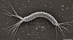 A curved spirochete bacterium with a segmented, helix-shaped body and multiple tail-like flagella at both ends — 8K royalty-free microscopic stock photo