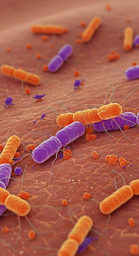 Colorized microscopic image of rod-shaped E. coli bacteria on a textured surface — 8K royalty-free microscopic stock photo