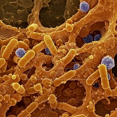 Close-up of a bacterial biofilm featuring rod-shaped bacteria embedded in a filamentous extracellular matrix, with scattered blue spherical cells — 8K royalty-free microscopic stock photo