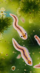 Two pinkish translucent flatworms gliding in a green aquatic environment with algae — 8K royalty-free microscopic stock photo