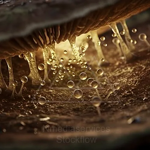 Close-up of a fungal fruiting body with basidiospores scattered on the substrate — 8K royalty-free microscopic stock photo