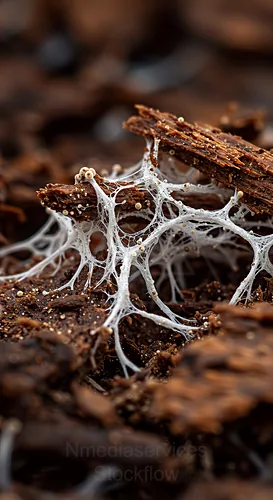 White mycelium threads spreading across decaying wood, forming a delicate, web-like network — 8K royalty-free microscopic stock photo