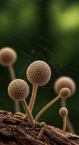 Brown, honeycomb-textured mushroom clusters rising from a decaying log — 8K royalty-free microscopic stock photo