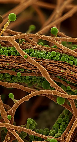 Close-up of brown fungal hyphae intertwined with green algal cells — 8K royalty-free microscopic stock photo