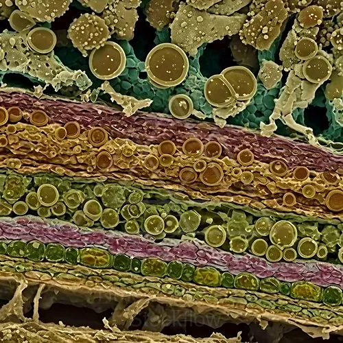 Microscopic cross-section showing fungal structures and algal cells within layered plant tissue, with circular spores and multicolored cellular strata — 8K royalty-free microscopic stock photo
