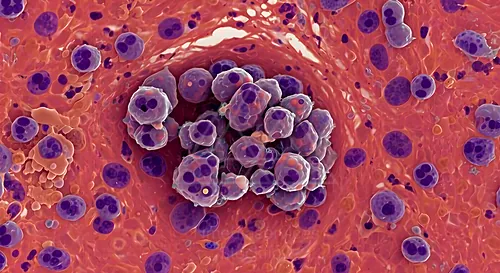 Color-enhanced microscopic view of breast cancer cells clustering within surrounding tissue — 8K royalty-free microscopic stock photo