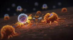 Colorized 3D illustration of an immune cell attacking a cancer cell on a tissue surface — 8K royalty-free microscopic stock photo