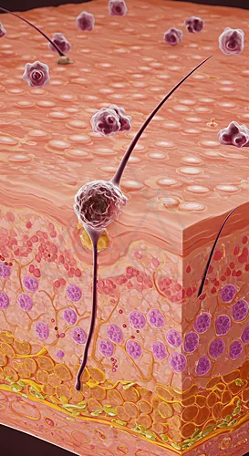 Cross-sectional view of skin showing melanoma cancer cells invading the epidermis — 8K royalty-free microscopic stock photo