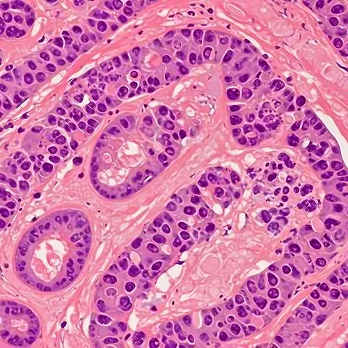 Lung adenocarcinoma with gland-forming malignant epithelial cells in lung tissue — 8K royalty-free microscopic stock photo