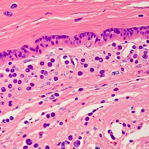 Psoriatic skin histology with epidermal hyperplasia, elongated rete ridges, and neutrophil microabscesses in the stratum corneum — 8K royalty-free microscopic stock photo