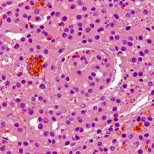 Liver tissue with portal tract inflammation and hepatocyte degeneration, consistent with infectious hepatitis — 8K royalty-free microscopic stock photo