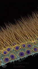 False-colored microscopic cross-section of ciliated epithelial cells, showing a row of hairlike cilia above rounded cells with prominent nuclei — 8K royalty-free microscopic stock photo