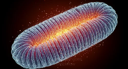 Close-up of a mitochondrion, showing its tubular structure with folded inner membrane and a glowing interior — 8K royalty-free microscopic stock photo