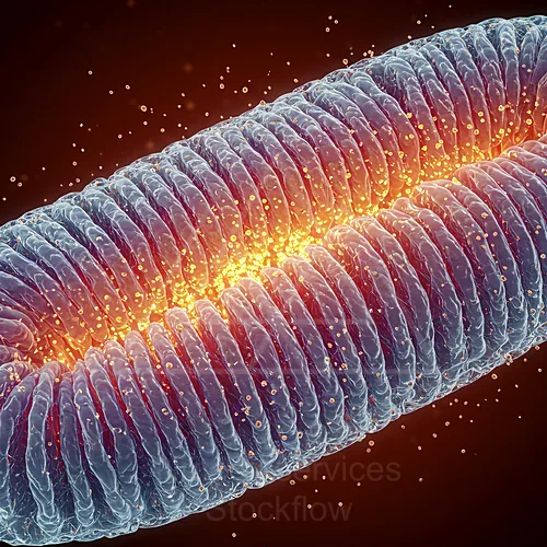 Close-up cellular illustration of a mitochondrion with tightly folded inner membranes and a glowing energetic matrix speckled with particles — 8K royalty-free microscopic stock photo