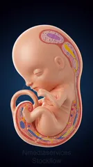 Illustration of a fetus in the womb with a detailed cross-section of the placenta and surrounding tissues — 8K royalty-free microscopic stock photo