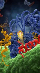 Colorful high-midelity illustration of a cell membrane with blue filament proteins, red helices, yellow signaling molecules, and a green lipid bilayer — 8K royalty-free microscopic stock photo