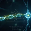 A detailed illustration of a neuron with an axon and glowing synapses, featuring neon blue cellular structures and bright yellow neural signals — 8K royalty-free microscopic stock photo