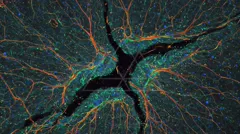 Illustration of a neuron with a myelinated axon and a glowing active region (node of Ranvier) — 8K royalty-free microscopic stock photo