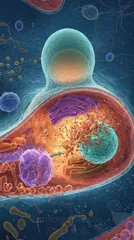 Illustration of a eukaryotic cell with visible organelles (mitochondria, endoplasmic reticulum) and surrounding extracellular environment — 8K royalty-free microscopic stock photo