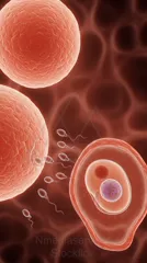 A close-up illustration of sperm approaching an ovum during fertilization, with a large egg cell and several swimming sperm surrounding it — 8K royalty-free microscopic stock photo