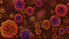 Colorized micrograph showing numerous spherical virus-like particles with spike proteins among cellular debris — 8K royalty-free microscopic stock photo