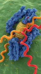 High-detail illustration of a cellular membrane with a blue protein complex, yellow ribosome-like structure, and twisting red and orange protein strands — 8K royalty-free microscopic stock photo