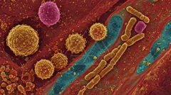 Colorized electron micrograph of round, textured cells among fibrous tissue with rod-shaped bacteria along a blue fiber — 8K royalty-free microscopic stock photo