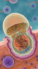 Illustration of a tissue cross-section with a large central cell showing its nucleus and organelles, surrounded by extracellular matrix and smaller cells — 8K royalty-free microscopic stock photo