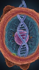 Colorized microscopic cross-section of a cell showing a DNA double helix inside the nucleus — 8K royalty-free microscopic stock photo