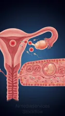 Illustration of fertilization: an egg released from the ovary into the fallopian tube, sperm swimming to meet the egg and form a zygote that implants in the uterus — 8K royalty-free microscopic stock photo