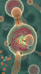 A detailed microcosm illustration of a neuron at a synapse, showing mitochondria, vesicles, and neurotransmitter release — 8K royalty-free microscopic stock photo