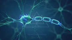 Close-up illustration of a neuron with interconnected axons and blue-green myelin sheaths glowing against a dark background — 8K royalty-free microscopic stock photo