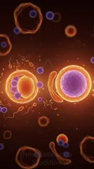 Color-enhanced micrograph of cells with orange rings and purple interiors, surrounded by smaller purple spheres and stringy structures against a warm amber background — 8K royalty-free microscopic stock photo