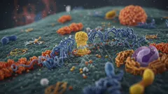 Close-up of a cell membrane showing blue membrane proteins, a yellow receptor cluster, and orange organelles within a textured, greenish surface — 8K royalty-free microscopic stock photo