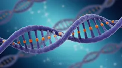 Close-up illustration of a blue-purple DNA double helix with orange base pairs — 8K royalty-free microscopic stock photo