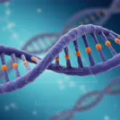 Close-up of a blue-purple DNA double helix with orange base pairs — 8K royalty-free microscopic stock photo