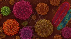 Colorful microscopic view of diverse spherical cells with spiky surfaces and a red elongated organelle among them — 8K royalty-free microscopic stock photo