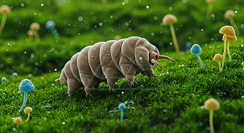 Tardigrade strolling through vibrant moss with colorful mushrooms — 8K royalty-free microscopic stock photo