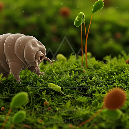 Close-up macro of a tardigrade (water bear) navigating a lush mossy underwater scene — 8K royalty-free microscopic stock photo