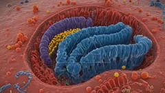 A high-resolution 3D visualization of a mitochondrion inside a cell, showing stacked blue cristae within a red outer membrane, surrounded by cytoplasm and scattered organelles — 4K royalty-free microscopic stock footage