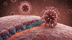 Detailed microscopic illustration of a virus particle tethering to a cell membrane, illustrating spike proteins and membrane receptors, with surrounding cellular components and extracellular environment — 4K royalty-free microscopic stock footage
