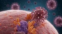 A close-up, high-resolution view of a virus attached to a cell membrane, with budding virions and colorful cellular components around, illustrating viral entry and early infection at the molecular level — 4K royalty-free microscopic stock footage