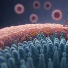 A high-resolution micrographic illustration shows viral particles attaching to a cell membrane, with blue membrane proteins and receptors, illustrating the virus-membrane interaction at the nanoscale — 2K royalty-free microscopic stock footage