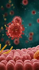 A vivid microscopic scene shows a red virus particle hovering above a textured cellular membrane, with smaller particles in the background, illustrating viral attachment and the start of infection — 4K royalty-free microscopic stock footage