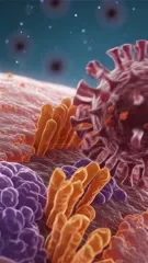 A close-up, highly detailed depiction of a virus particle beside colorful, finger-like cellular structures, highlighting intricate surface textures in vivid pink, purple, and orange against a blue background — 4K royalty-free microscopic stock footage