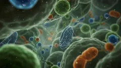 A vibrant 3D microscopic landscape reveals glowing cellular structures and organelles in motion, illustrating the intricate world inside living cells and their dynamic processes within a soft, diffused environment — 4K royalty-free microscopic stock footage