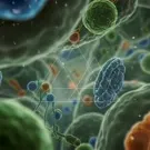 Colorful, high-detail view of an intracellular landscape: dynamic membranes, mitochondria-like blue organelles, green filaments, and orange vesicles weaving through a crowded cellular environment within a tiny world — 2K royalty-free microscopic stock footage